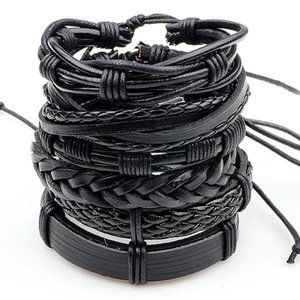 6pcs Men's Multilayer Leather Bracelet (Black)